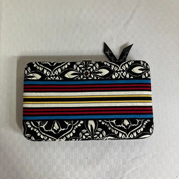 Vera Bradley Floral Stripes Barcelona Bifold Wallet Kiss Clasp Coin Pockets - Picture 1 of 12